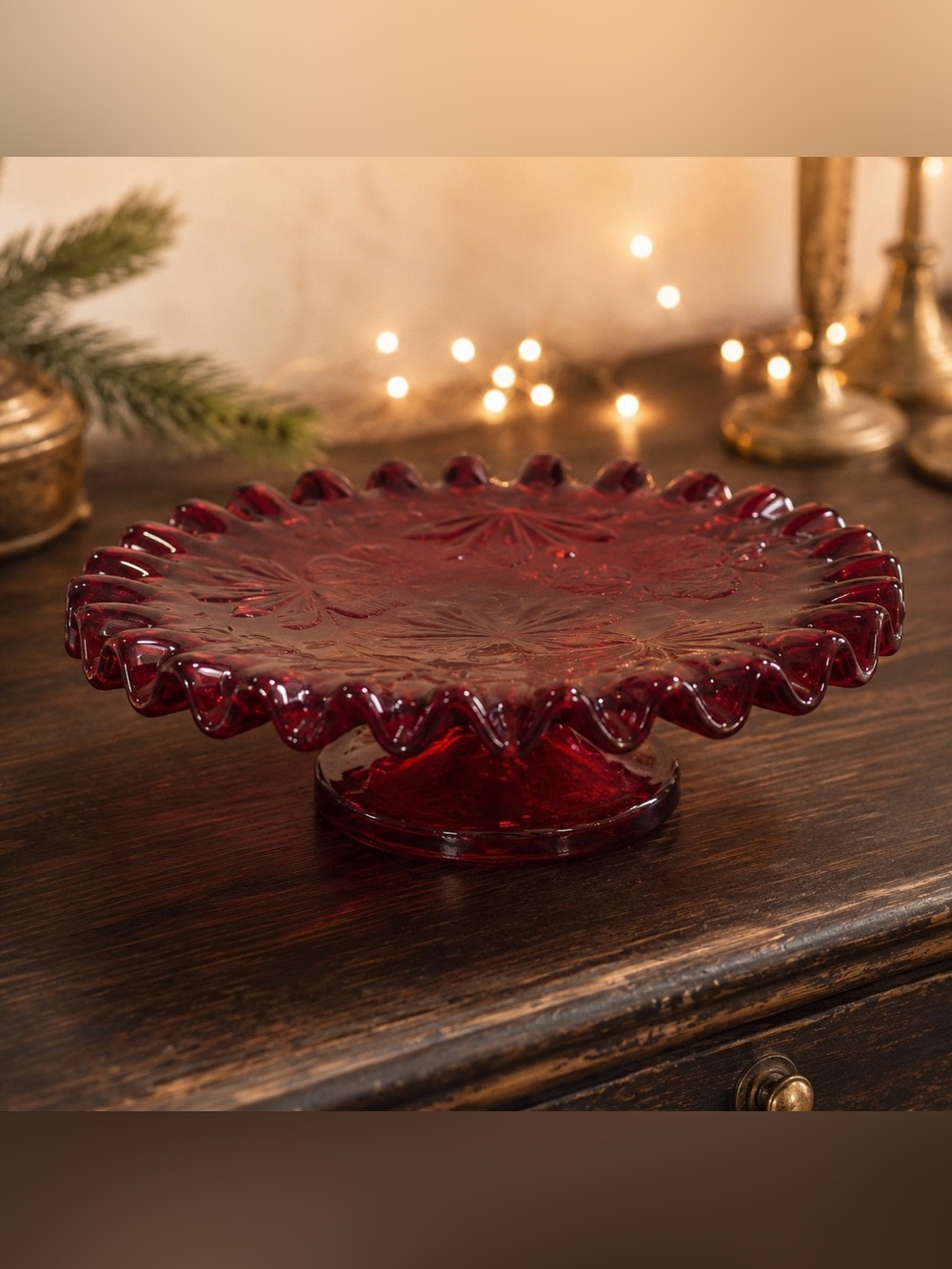 Fenton Ruby Red Glass Candle Holder Pedestal Plate Ruffled Edge Floral USA Box